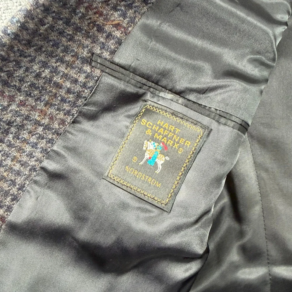 Hart Schaffner Marx Sport Coat Mens 40R Gray Blue Wool Houndstooth Blazer VTG